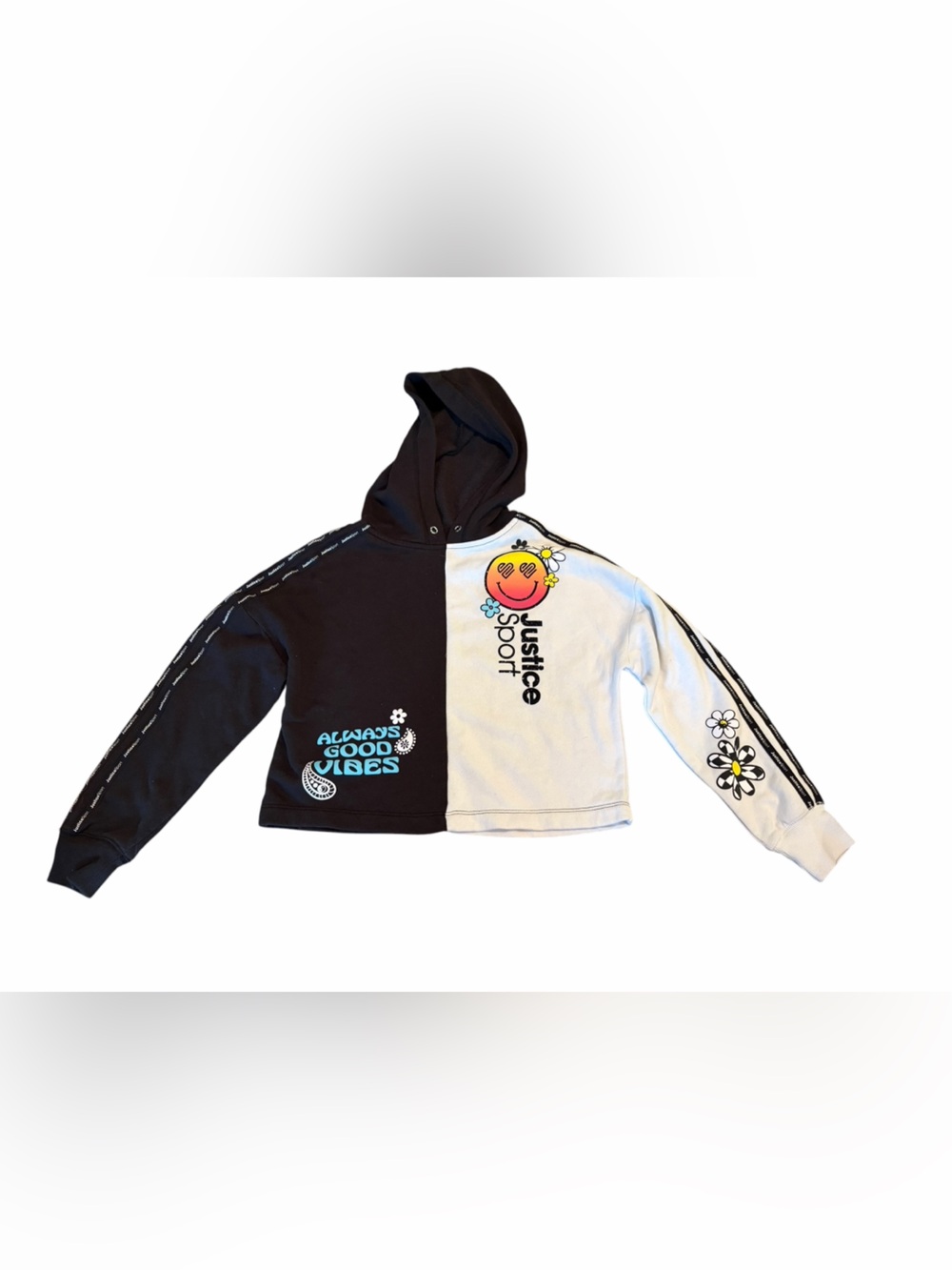 Justice Black & White Split Hoodie with Graphic Flower and Smile Patch